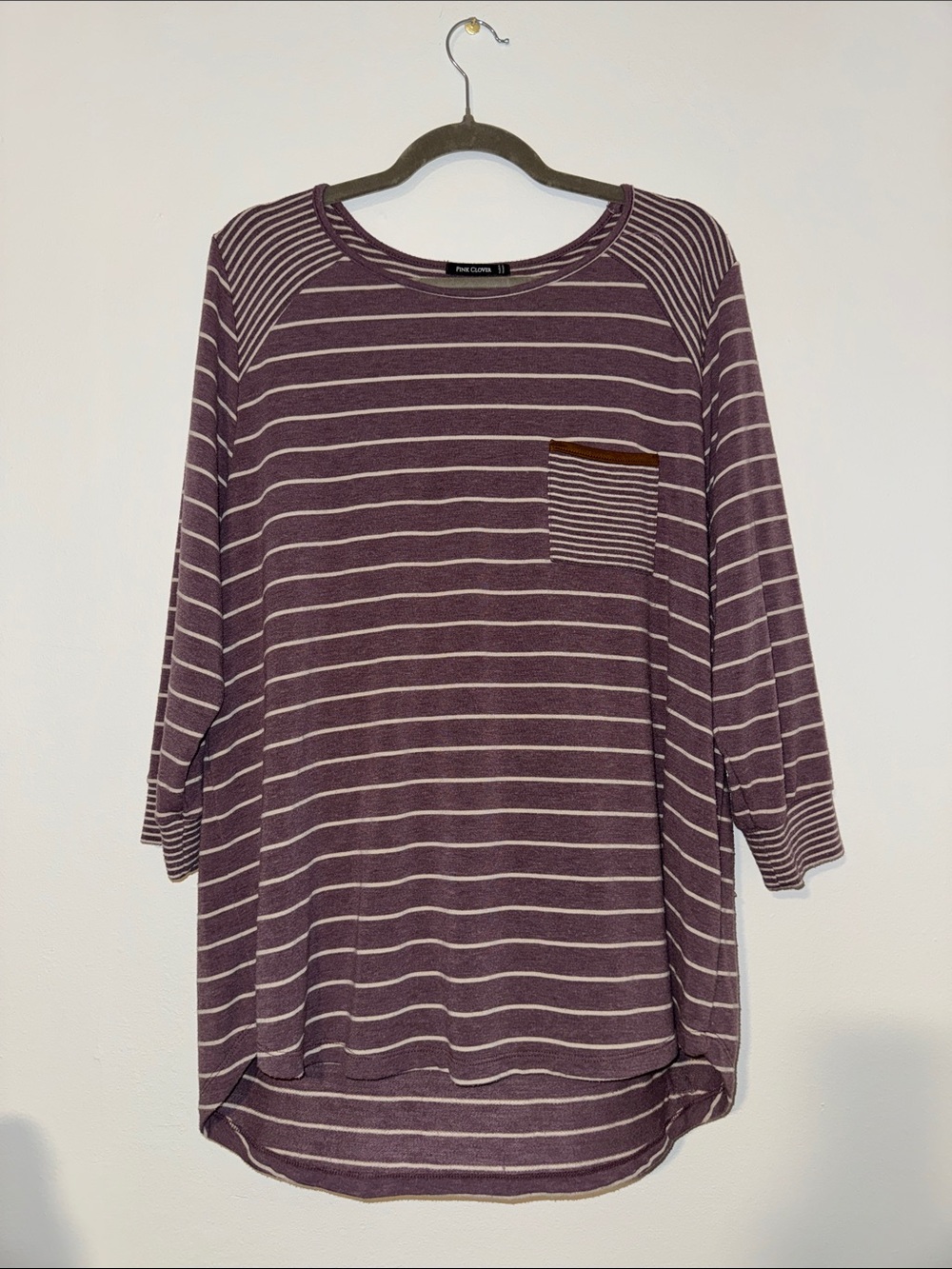 Pink Clover Striped Pocket Tunic in Plum & Cream with Brown Trim Pocket, Size 2X
